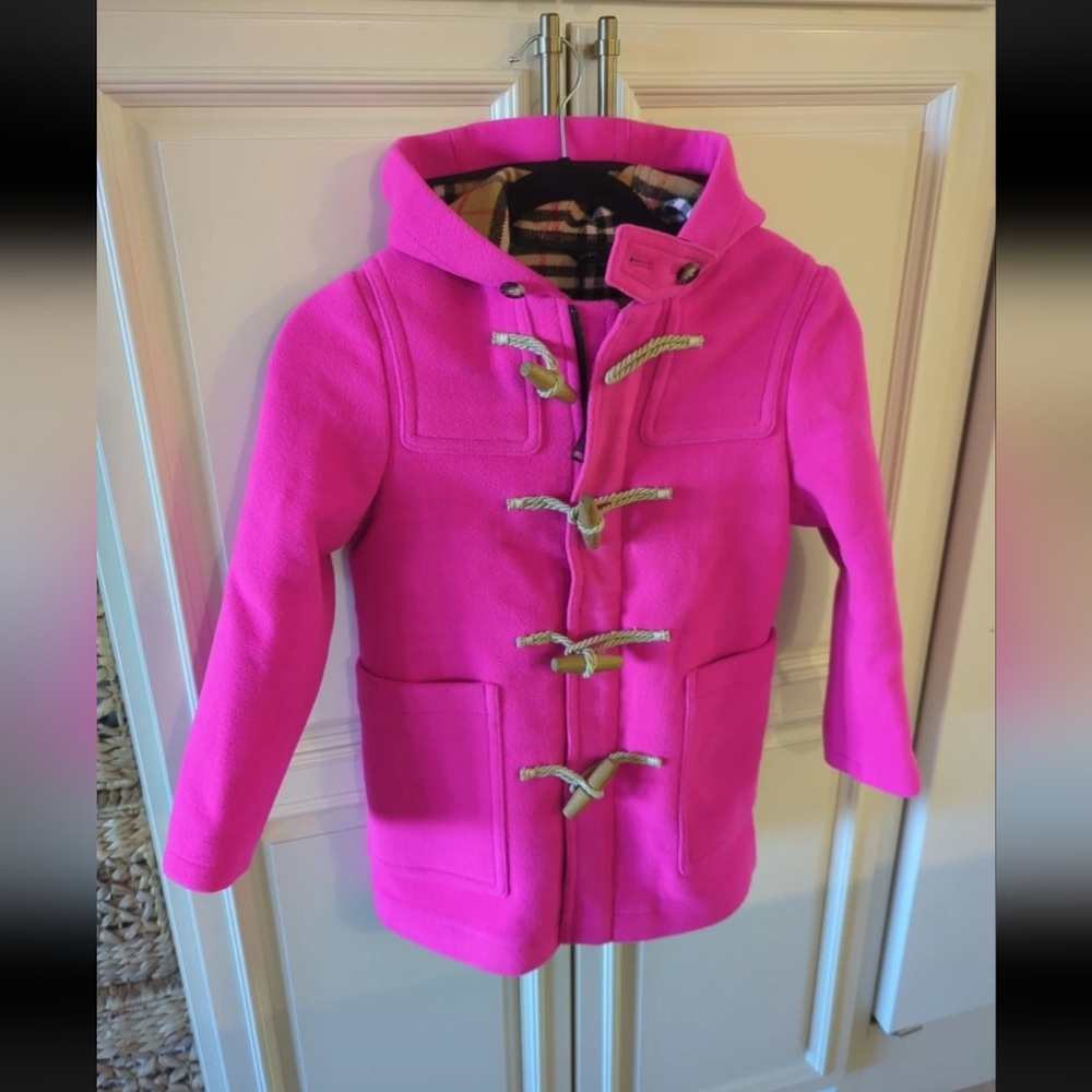 New Burberry Children Girls Burford Peacoat w/Hooded Neon Pink Collar Sz 8Y